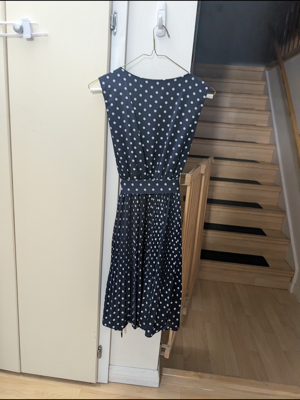 Navy Polka Dot Midi Dress with Pleated Skirt